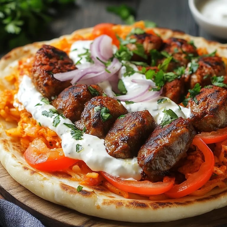 Tomaten-Kritharaki mit veganen Cevapcici und Tzatziki