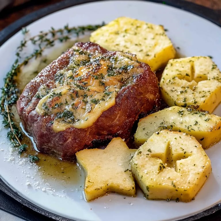 Saftiges Roastbeef mit Café de Paris Butter, Kartoffeltalern und glasierten Möhrchen