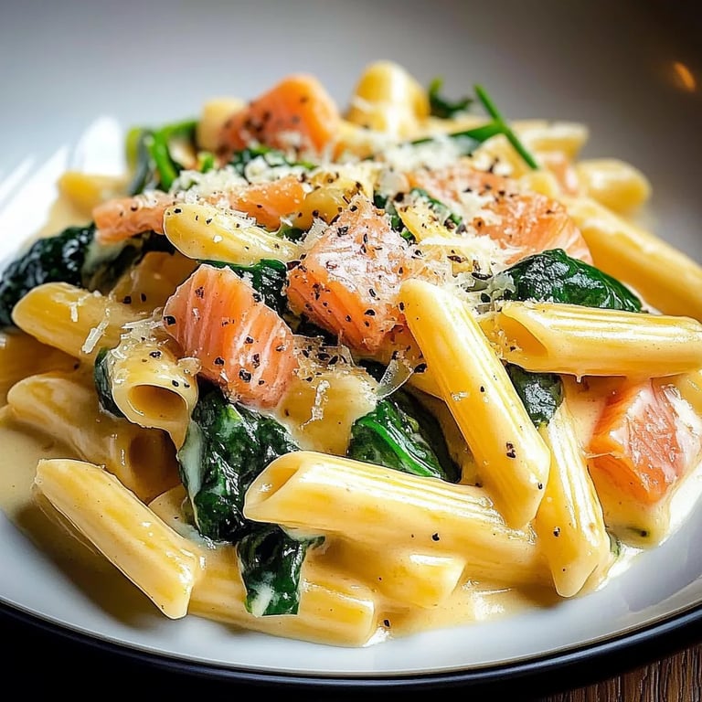 Penne in Lachs-Sahne-Sauce mit Spinat