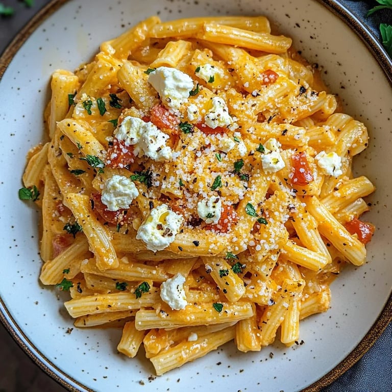 Pasta mit Kürbissoße und Feta