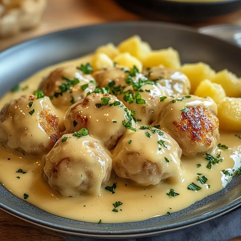 Hackbällchen in cremiger Sauce mit Kartoffelpüree