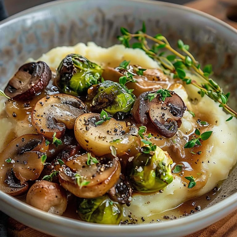 Pilzpfanne Rosenkohl Kartoffelpüree