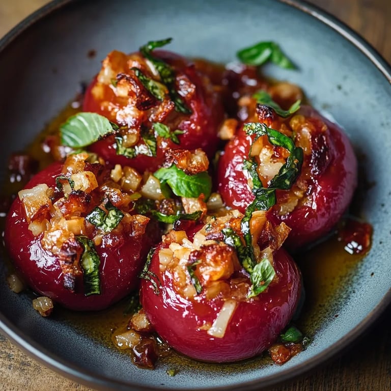 Knusprig gefüllte rote Zwiebeln