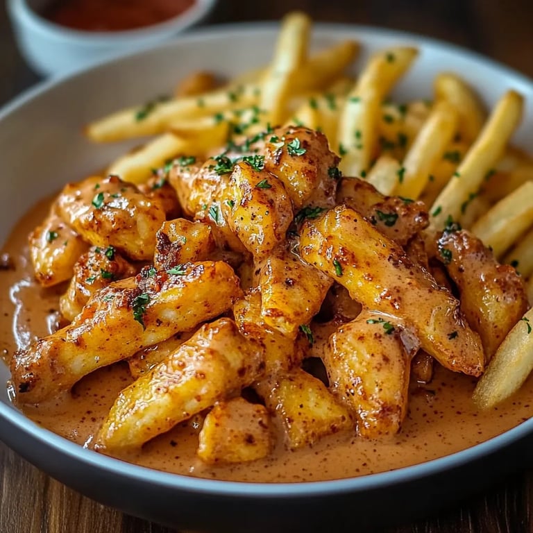 Butterhuhn mit Knoblauchsauce und knusprigen Pommes frites