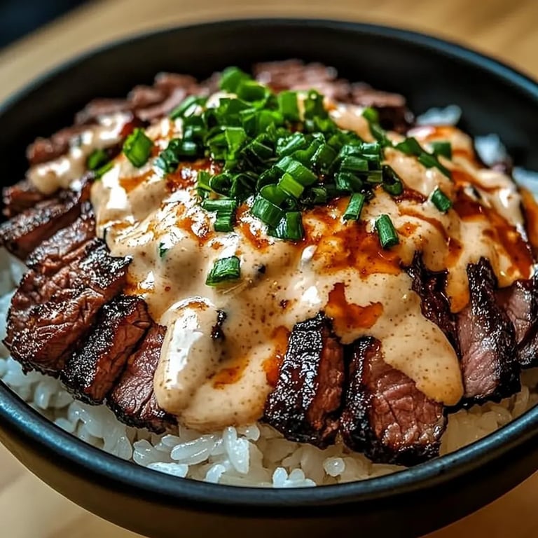 Korean BBQ Steak Rice Bowls with Spicy Cream Sauce