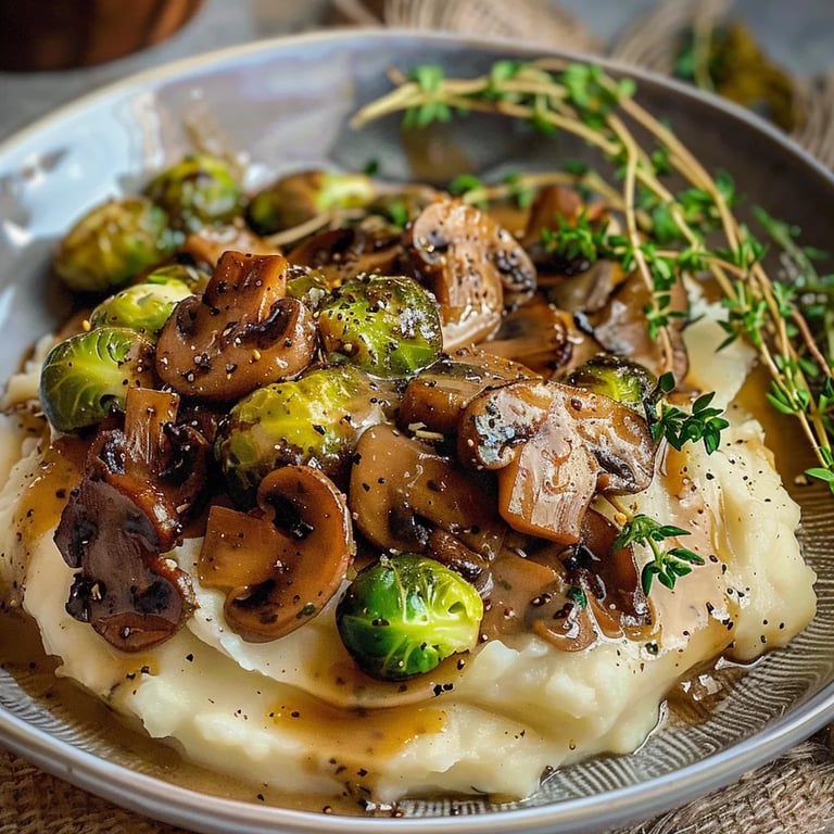 Pilzpfanne Rosenkohl Kartoffelpüree