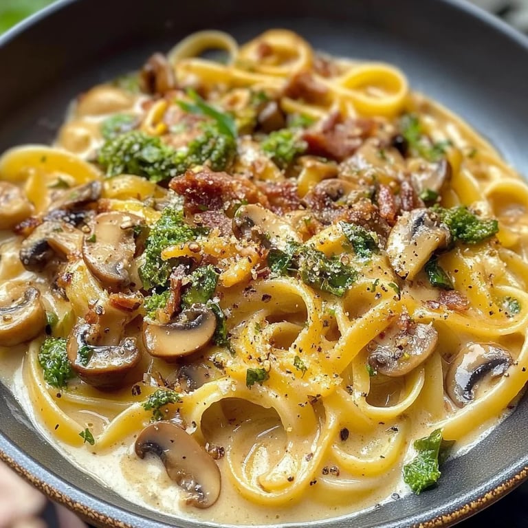 Datenight Pasta mit Brokkoli, Speck & Champignons