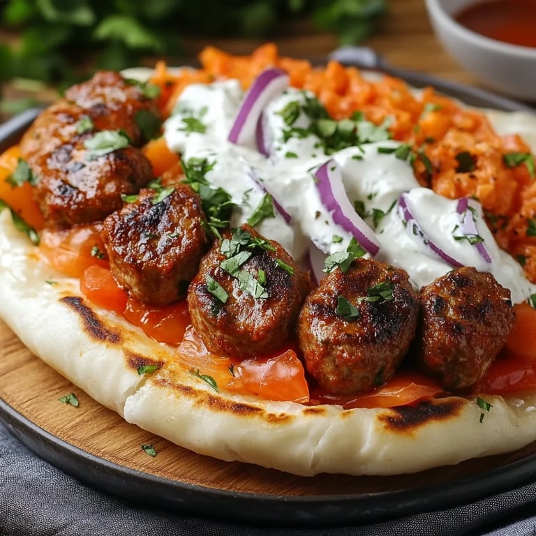 Tomaten-Kritharaki mit veganen Cevapcici und Tzatziki