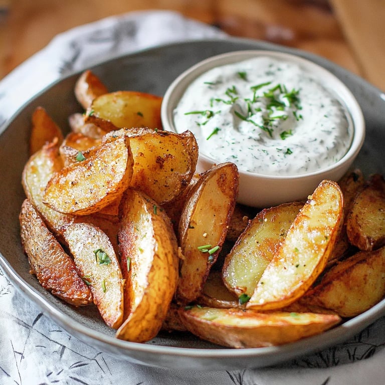 Kartoffelspalten mit Gurkendip