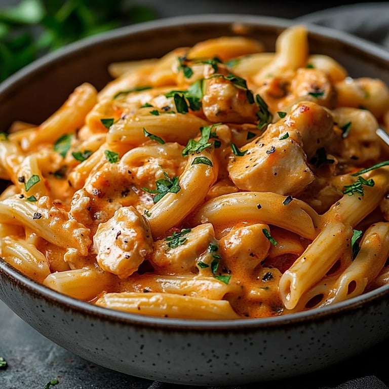 Nudeln mit Hähnchen in cremiger Paprikasoße