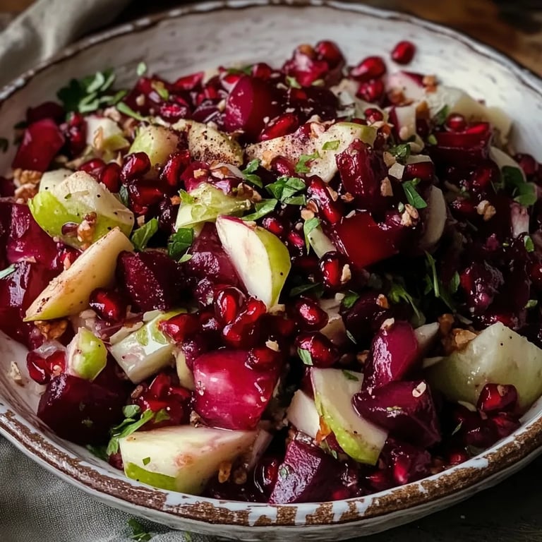 Roh geschnittener Rosenkohlsalat mit Granatapfel und kandierten Pekannüssen