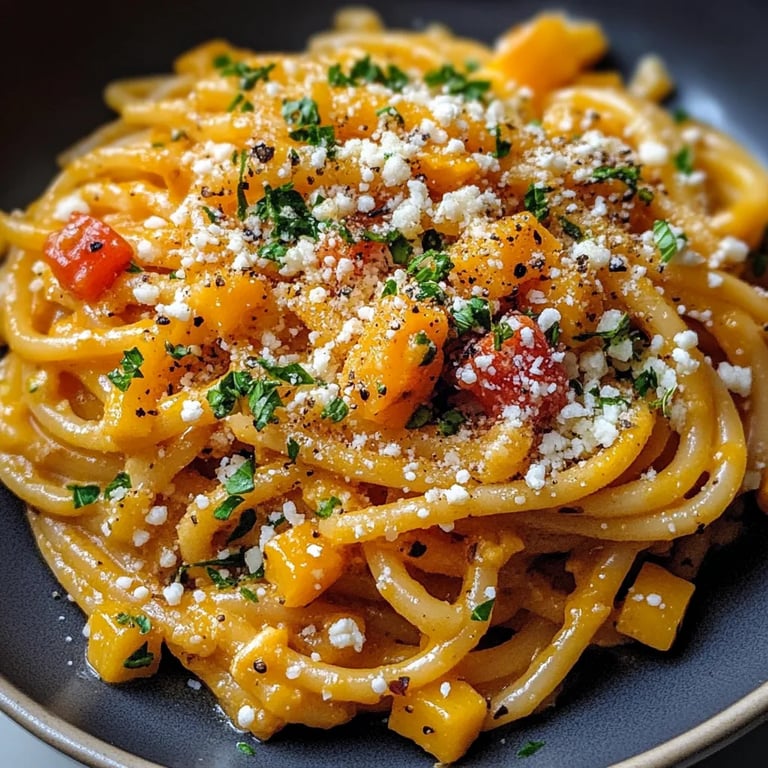 Kürbis Nudeln mit Feta