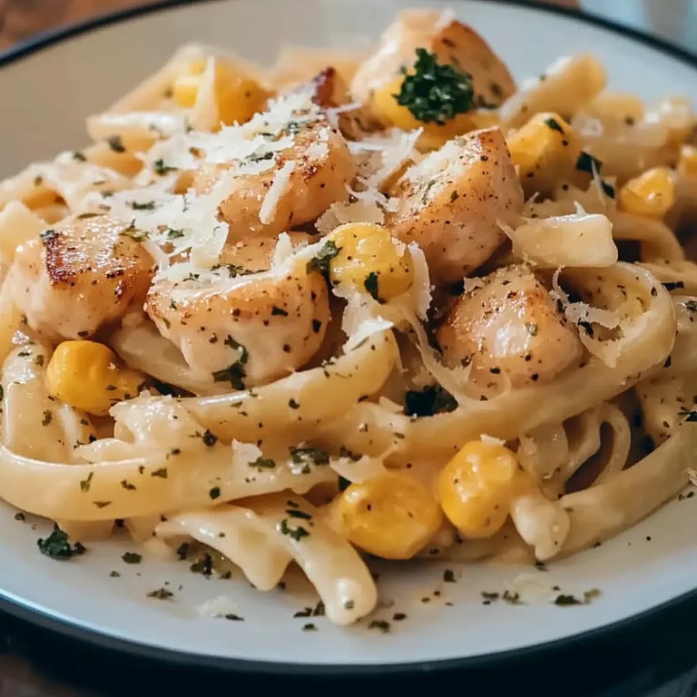 Herzhafte Pasta mit Hähnchen, Brokkoli und Mais