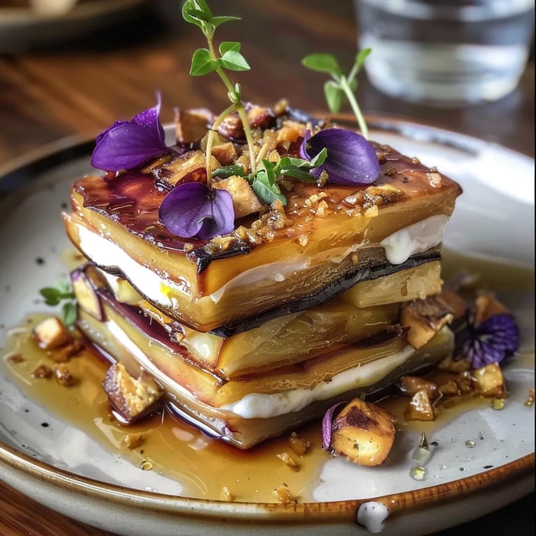 Milhojas de berenjena con miel y queso de cabra