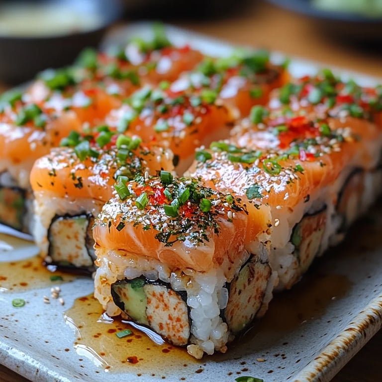 <p>Sushi de Arroz Crujiente con Salmón Ahumado y Salsa Bang Bang: Una Increíble Receta Última</p>