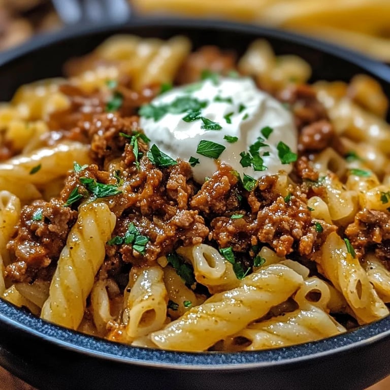 Türkische Pasta mit Hackfleisch und Joghurt-Sauce