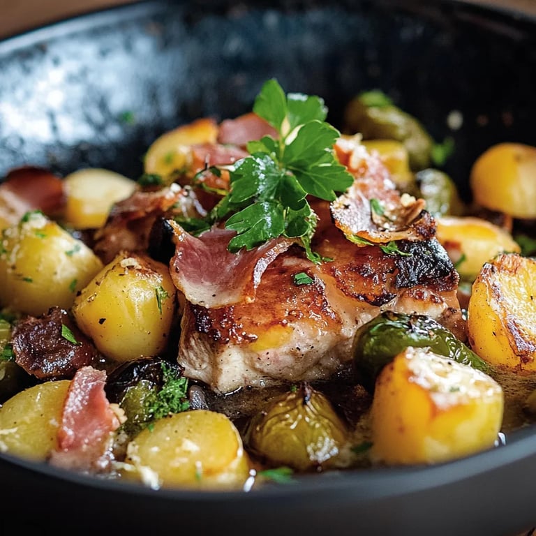 Kartoffel- und Rosenkohlauflauf mit Rinder-Speck