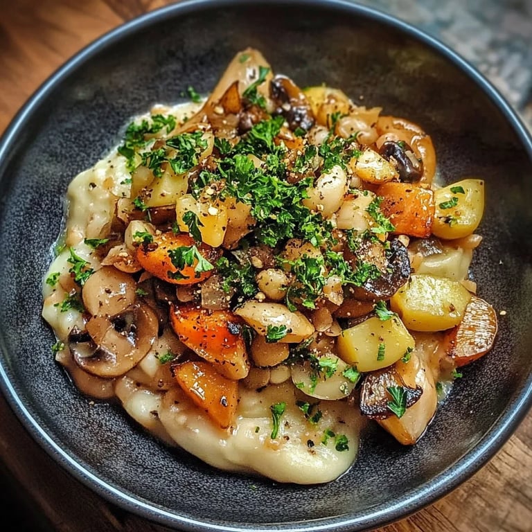 Pilzpfanne mit Rosenkohl & Kartoffelpüree