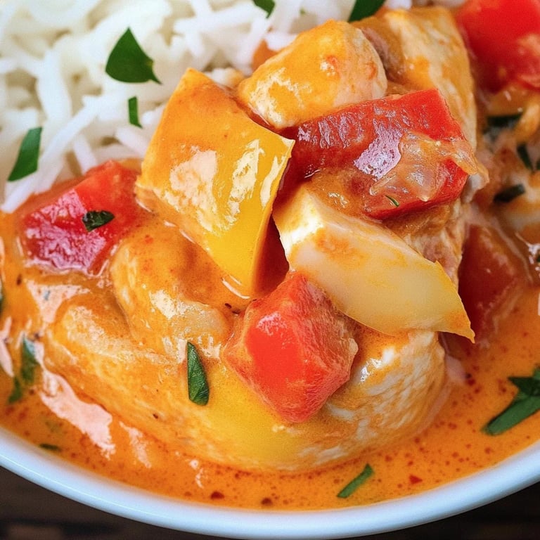 Paprika-Sahne-Hähnchen mit Reis