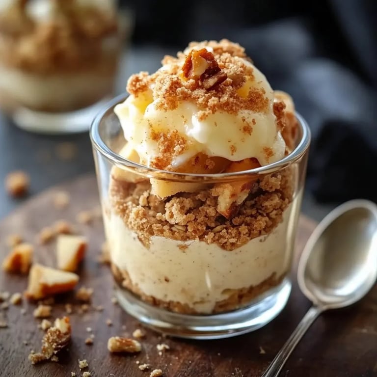 Apfel Crumble mit Vanilleeis im Glas