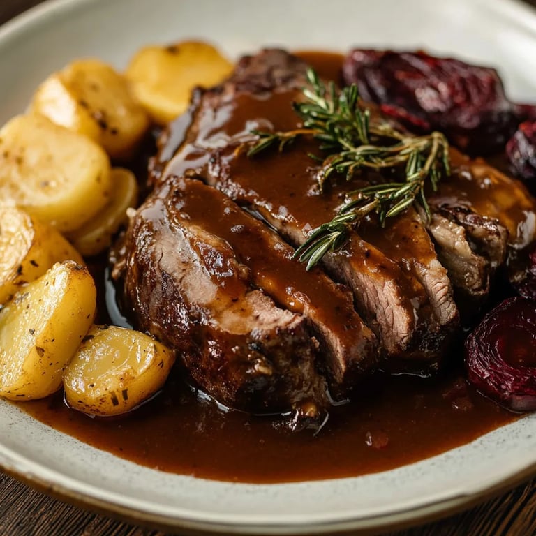 Rinderschmorbraten mit Rotkohl und Klößen