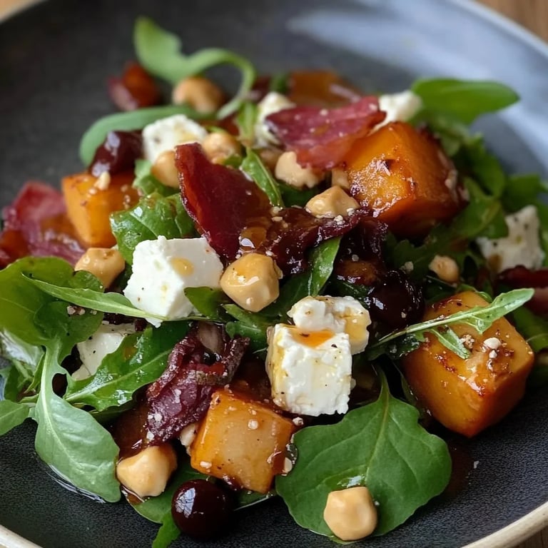 Wintersalat mit Bacon, Feta, Süßkartoffel, Kichererbsen und Balsamico Dressing