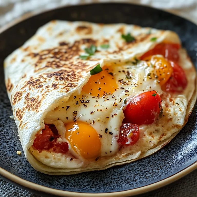 Einfacher Frühstückswrap mit Ei, Käse und Tomaten