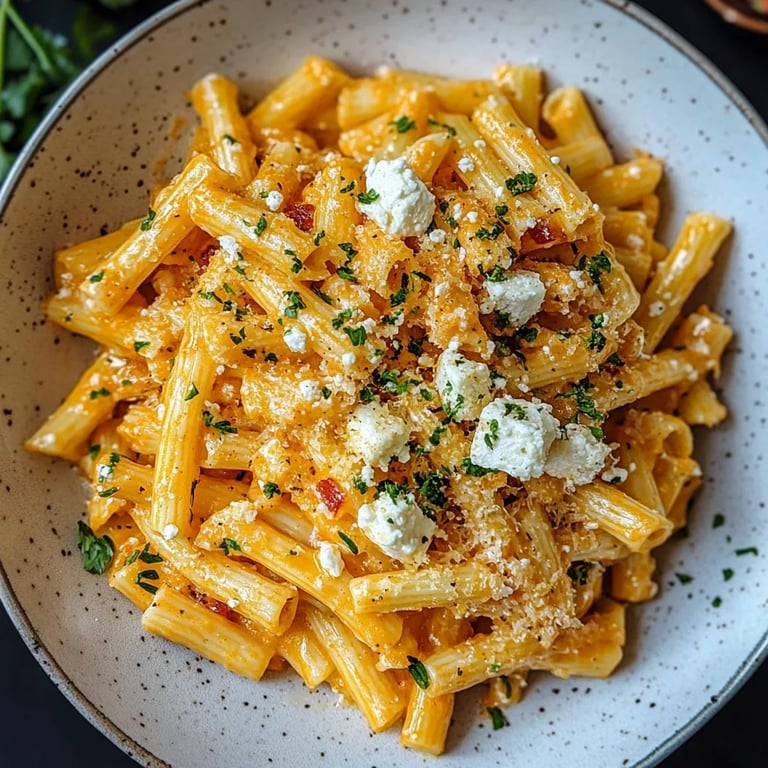 Pasta mit Kürbissoße und Feta