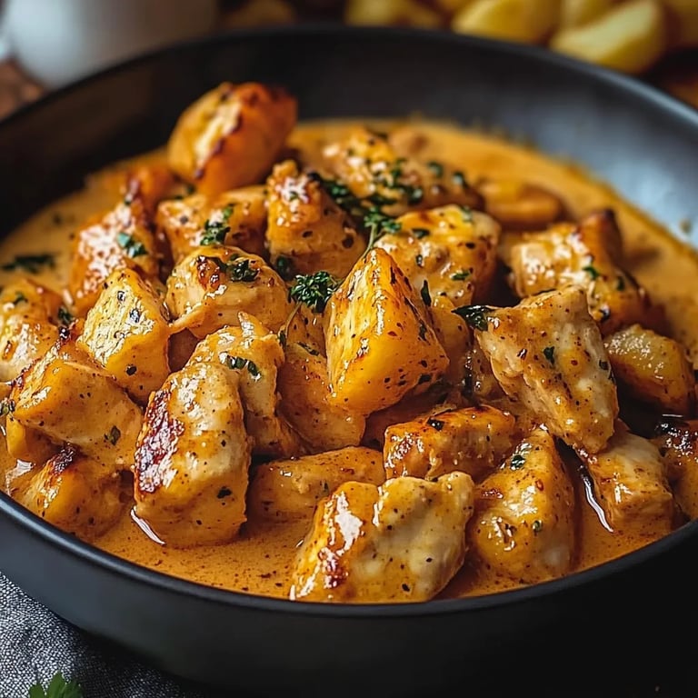 Butter Chicken mit Knoblauchsauce und knusprigen Pommes