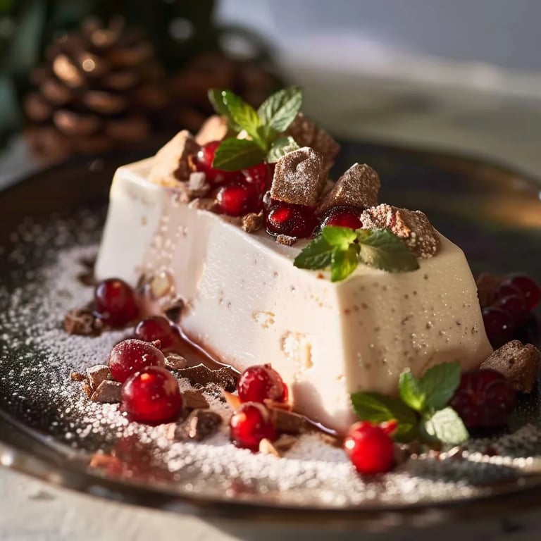 Cremiges Zimtparfait mit gebrannten Mandeln und Kirschen