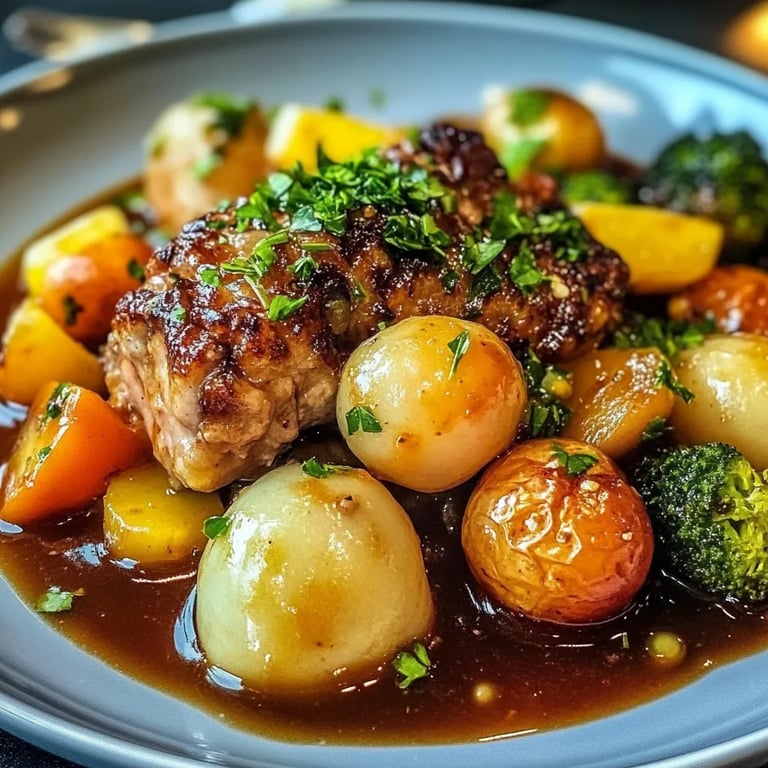 Deftiger Rosenkohleintopf mit würzigen Hackbällchen und Gemüse