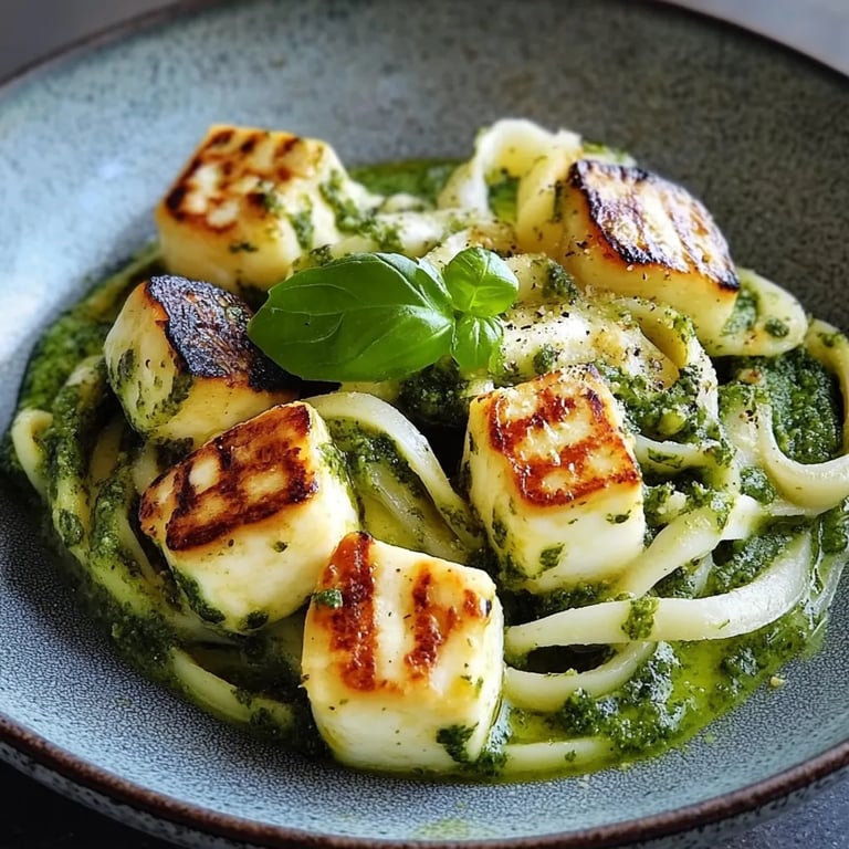 Halloumi mit Zucchini-Pesto-Nudeln