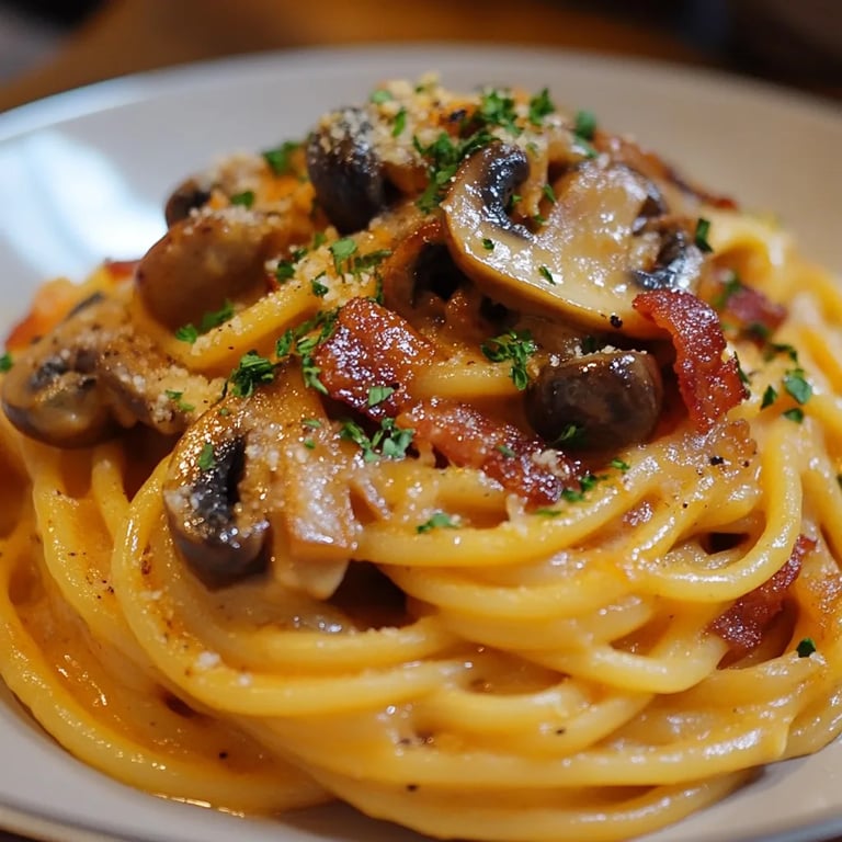 Pumpkin & Mushroom Spaghetti with Crispy Bacon