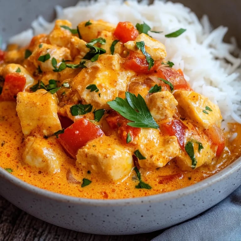 Paprika-Sahne-Hähnchen mit Reis