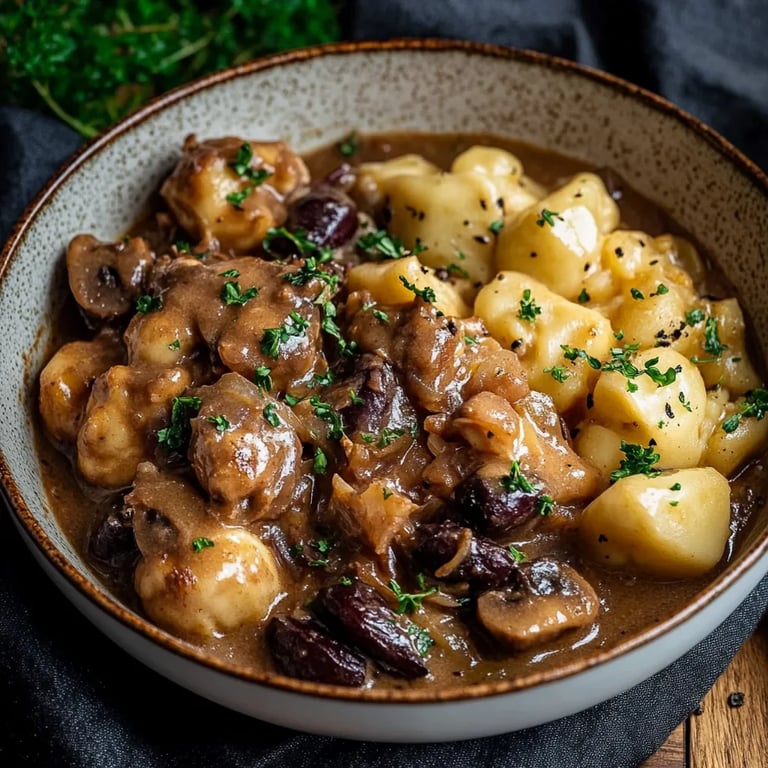 Herzhaftes Pilz-Maronen Ragout mit Ofenknödeln und Rotkraut