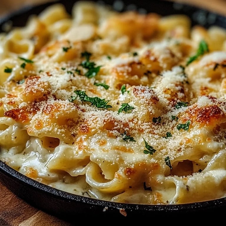 Knuspriger Nudel-Hähnchen-Auflauf mit Knoblauch und Parmesan