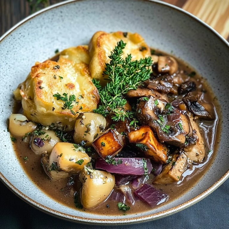 Herzhaftes Pilz-Maronen Ragout mit Ofenknödeln und Rotkraut