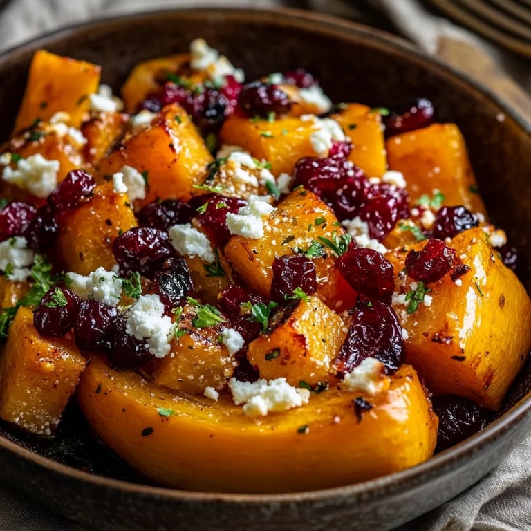 Honiggerösteter Kürbis mit Cranberries und Feta