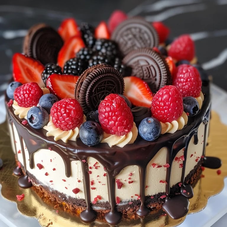 Tarta de Oreo y fresa con drip