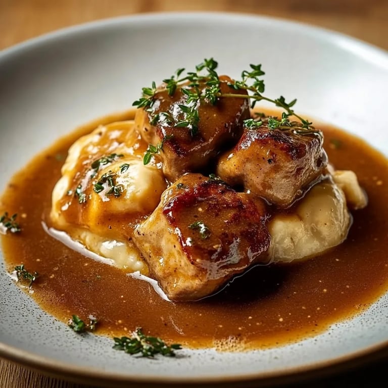 Butterzartes Rahmgulasch mit Serviettenknödel