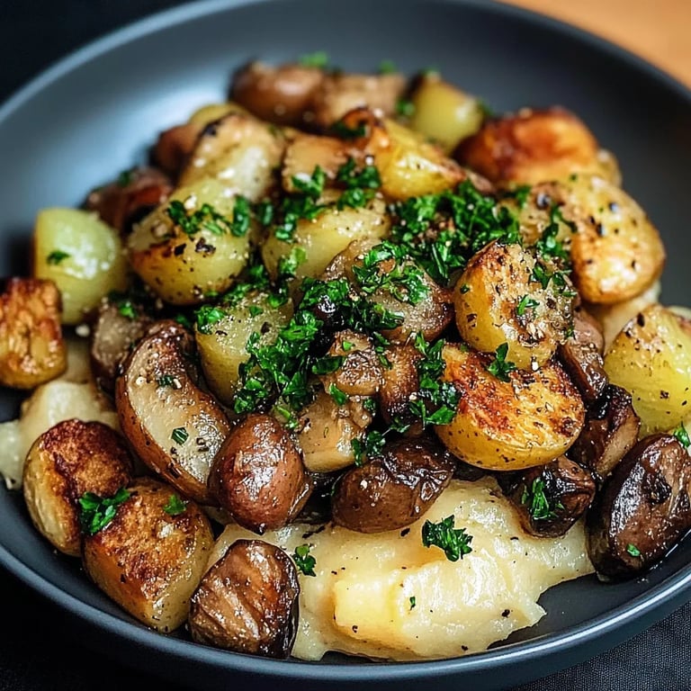 Pilzpfanne mit Rosenkohl & Kartoffelpüree