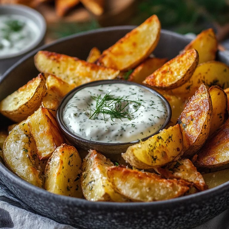 Kartoffelspalten mit Gurkendip