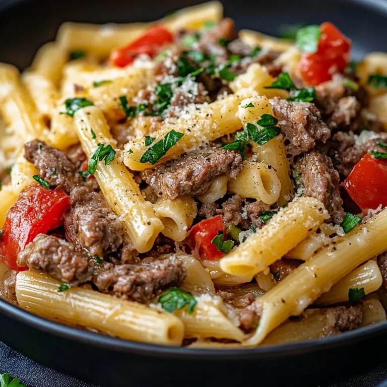 Slow Cooker Garlic Beef Pasta