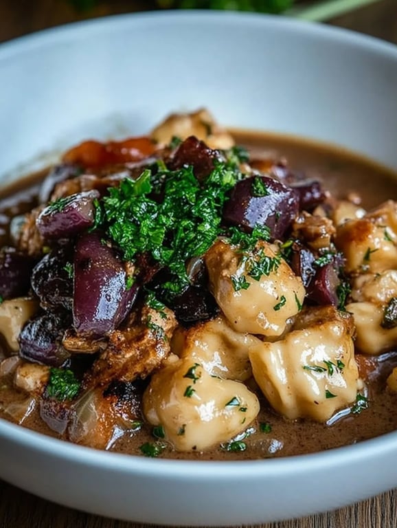 Herzhaftes Pilz-Maronen Ragout mit Ofenknödeln und Rotkraut