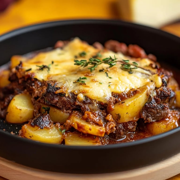 Köstlicher Kartoffel-Hackfleisch-Auflauf mit Käse überbacken