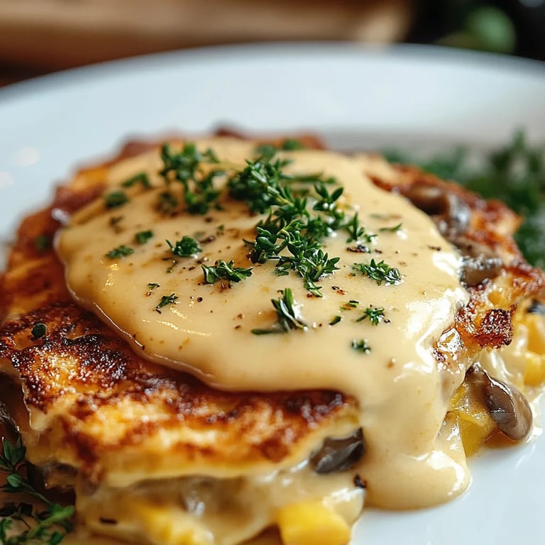 Mozzarella-Rösti mit Zwiebel-Champignon-Rahmsauce