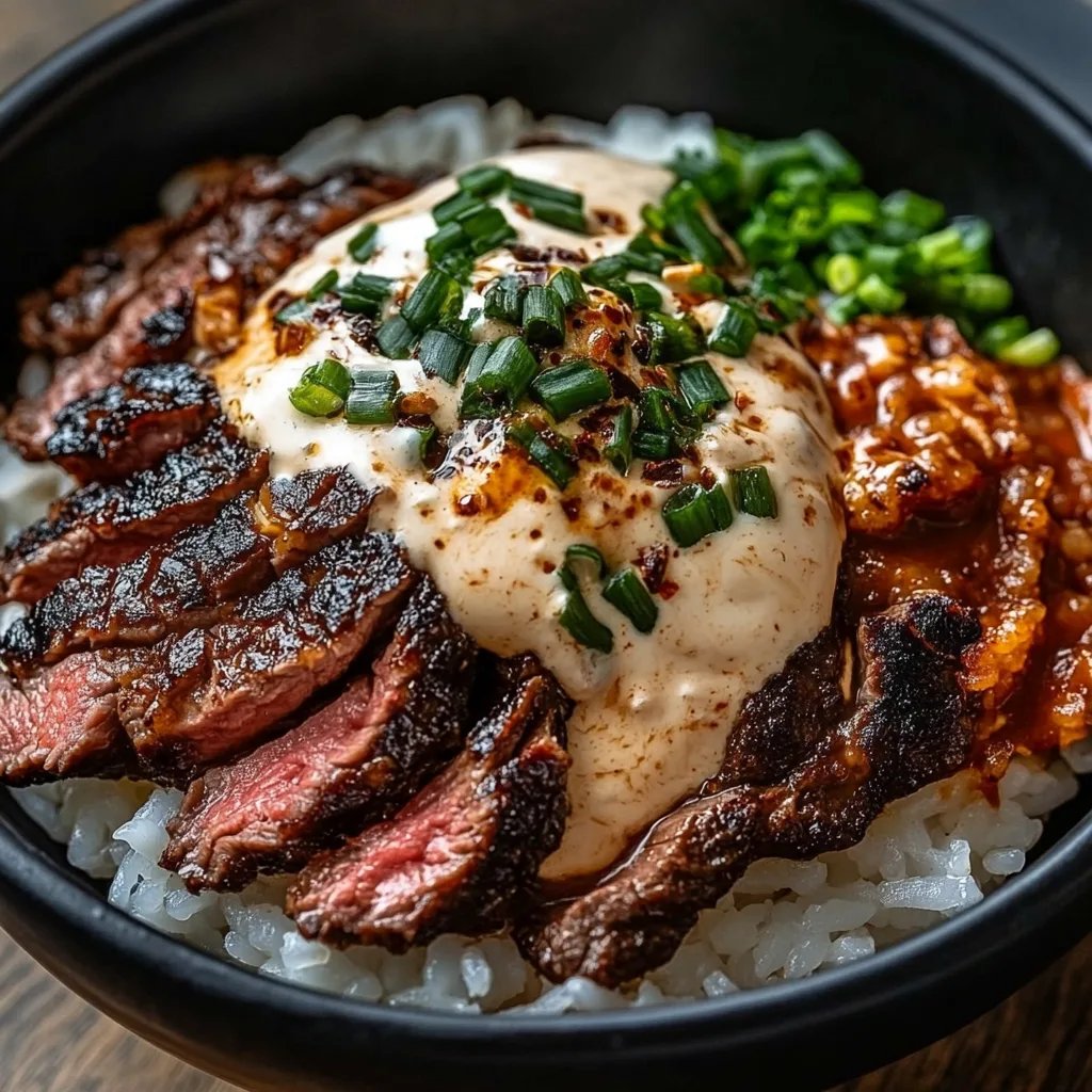 Korean BBQ Steak Rice Bowls with Spicy Cream Sauce
