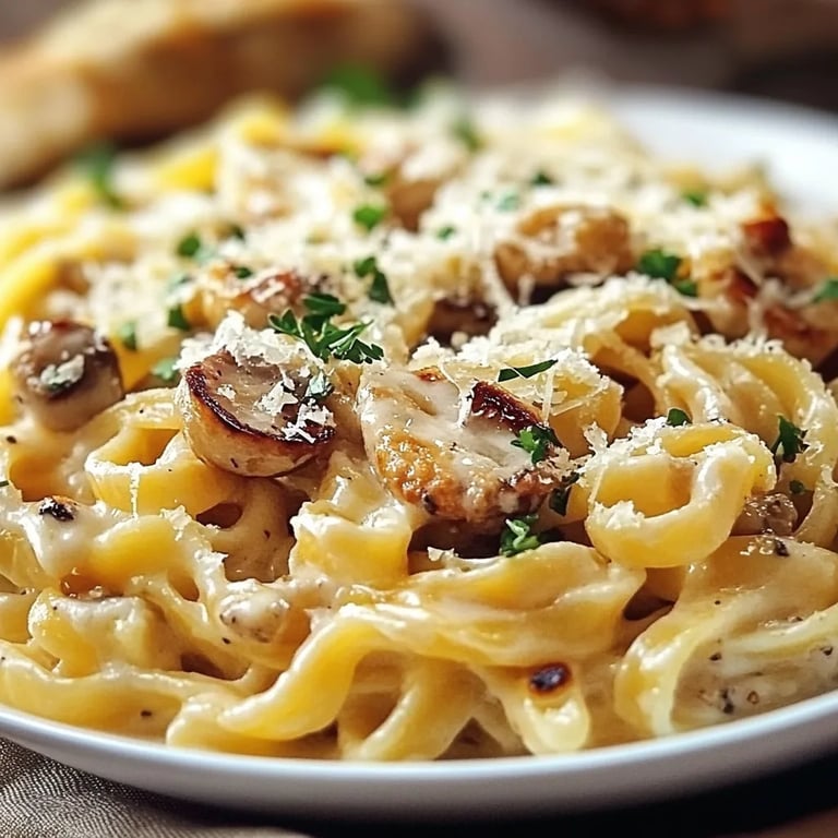 Knuspriger Nudel-Hähnchen-Auflauf mit Knoblauch und Parmesan