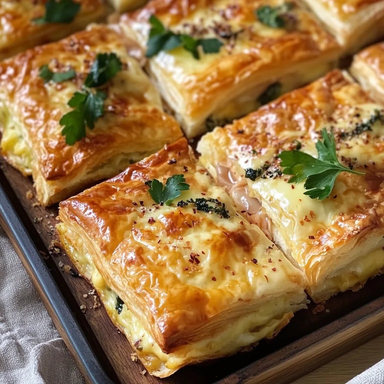 Blätterteigkissen gefüllt mit Schinken und Käse