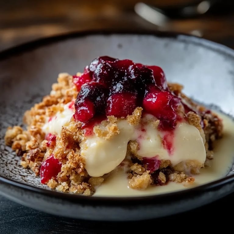 Weihnachtliches Crumble mit Beeren und Vanillesauce